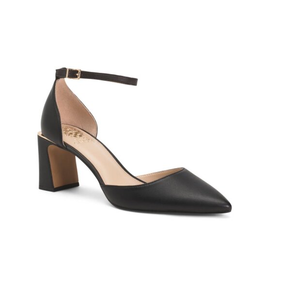 VINCE CAMUTO Black Leather Hendriy Ankle Strap Pumps - Picture 1 of 2